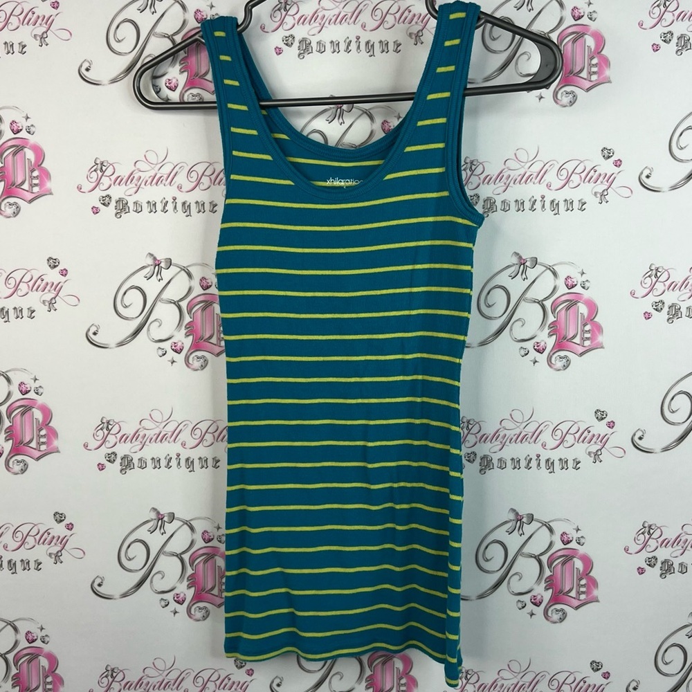 Xhilaration tank top blue Teal and Yellow Striped Tank Top stretchy ribbed